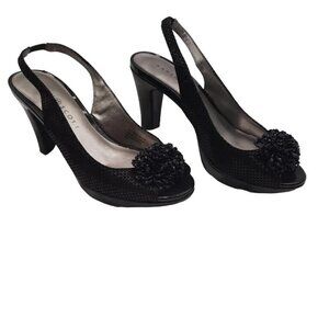 Karen Scott Brandyy Black Snakeskin Leather Beaded Peep Toe Slingback Pumps sz 7